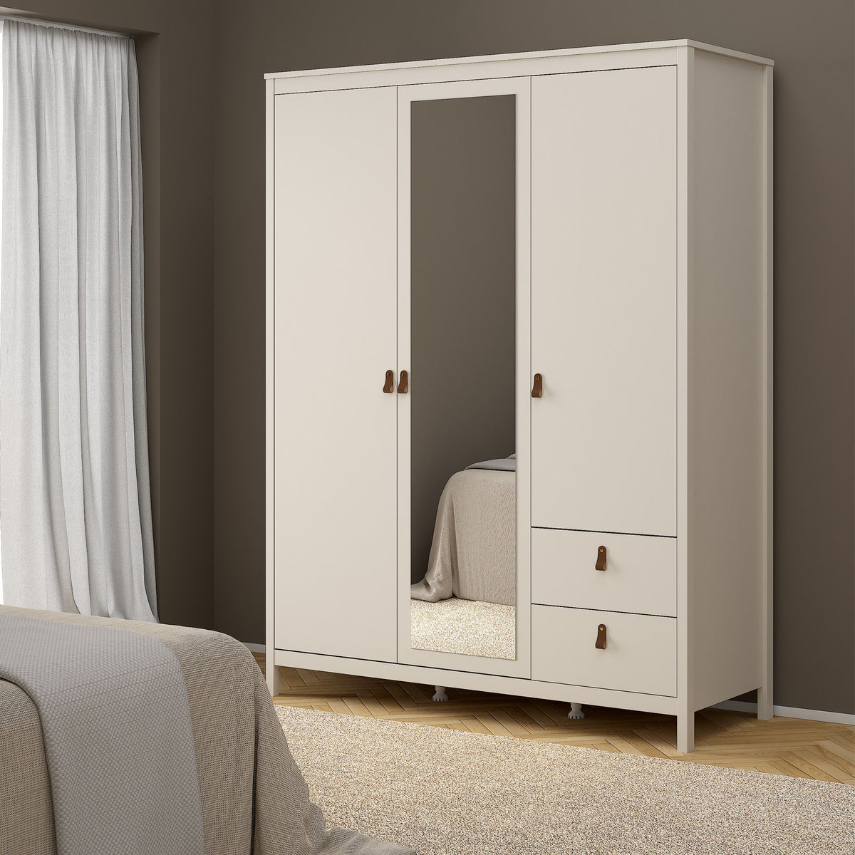 Beige 3-door, 2-drawer mirrored wardrobe with leather handles