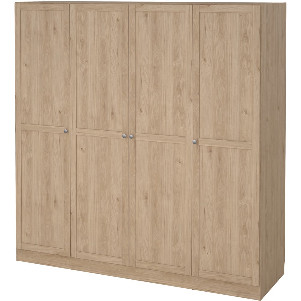 Florence Brande 4 door Jackson Hickory Oak wardrobe with visible grain and silver knobs.