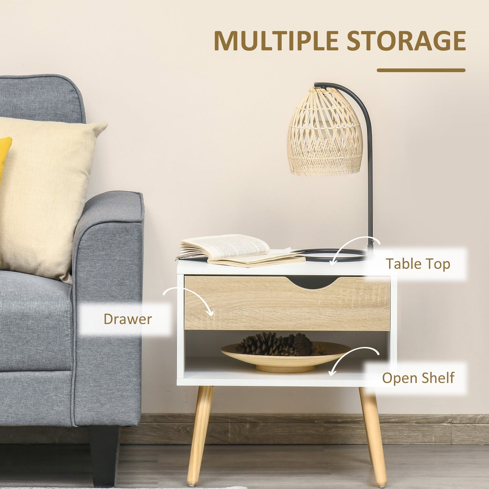 homcom bedroom furniture set wardrobe with hanging rod side cabinet with wood legs bedside table with drawer nature wood finish and white
