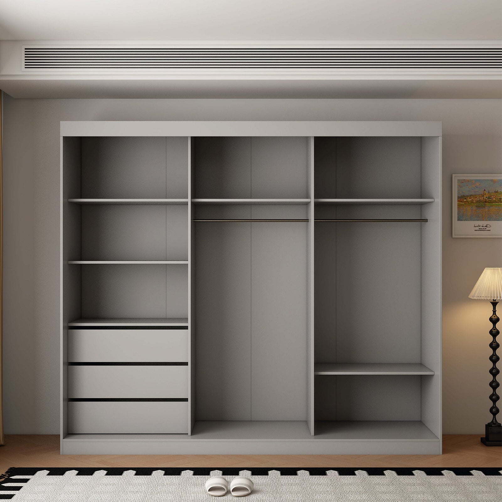 Light grey 3 door sliding wardrobe with internal drawers and open shelves.