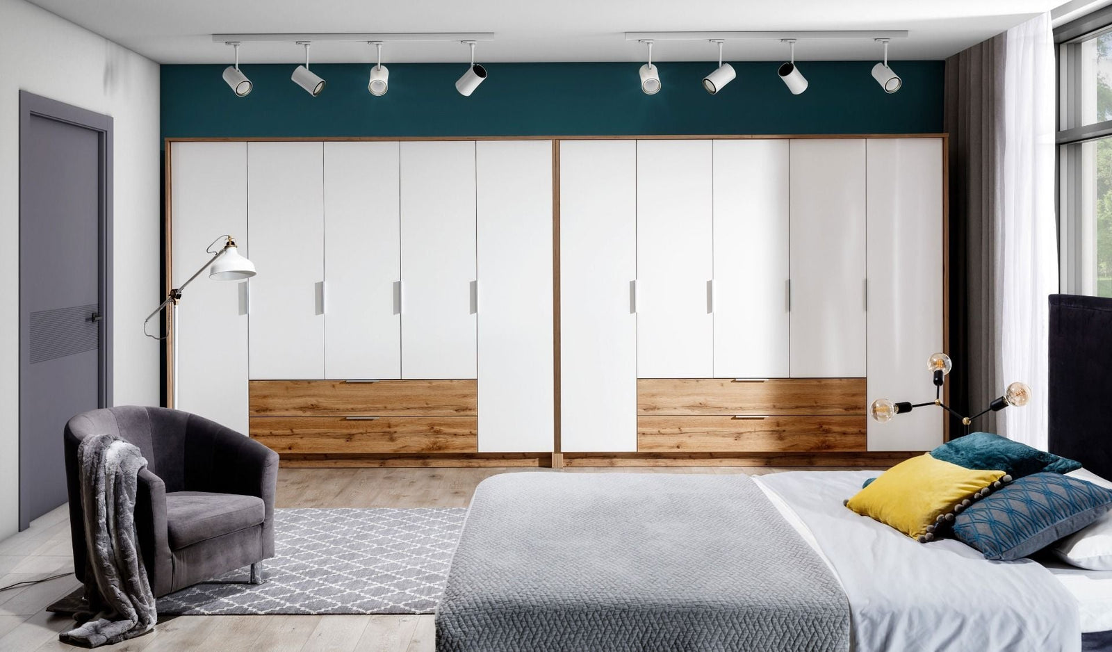 MARVELLO 5-door wardrobe with oak wotan and white finishes, featuring two drawers.