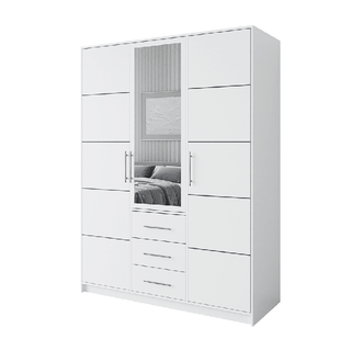 BARNSLEY white 3-door wardrobe with central mirror and 3 drawers