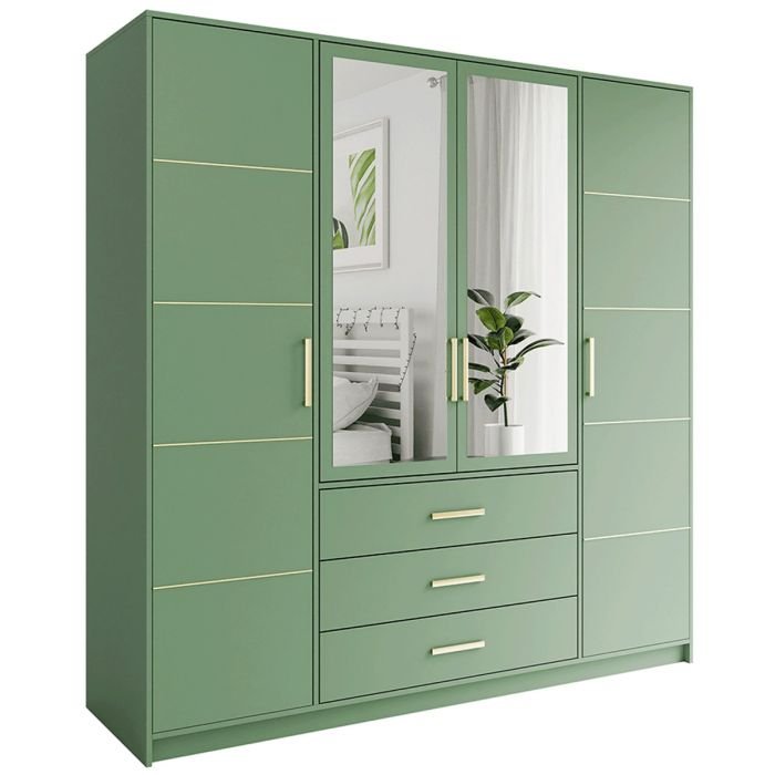 Green 4 door wardrobe with 2 mirrored centre doors, 3 drawers and gold handles