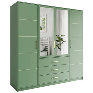 Green 4 door wardrobe with 2 mirrored centre doors, 3 drawers and gold handles