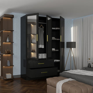 XD2 Black High Gloss 3 Door 2 Drawer Gold Handle Mirrored Wardrobe 116cm