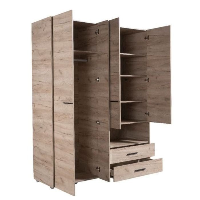 HIGHAM 4 door grey oak wardrobe with open doors showing shelves and drawers