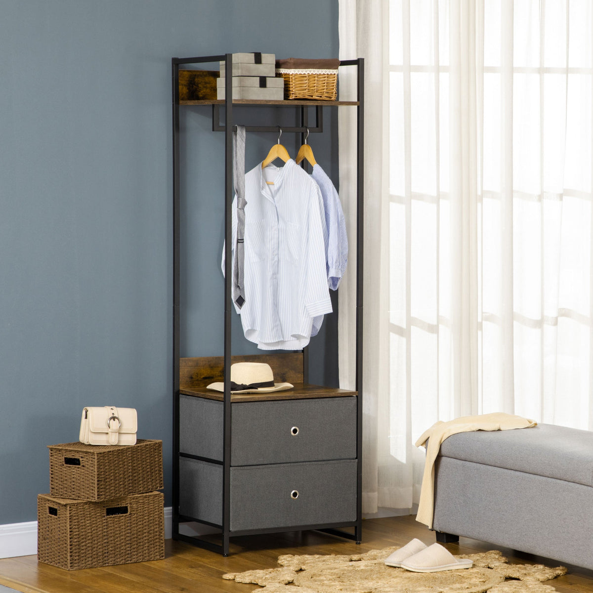 homcom clothes rail metal coat stand garment rack with 2 fabric storage drawers single wardrobe for bedroom hallway rustic brown and grey