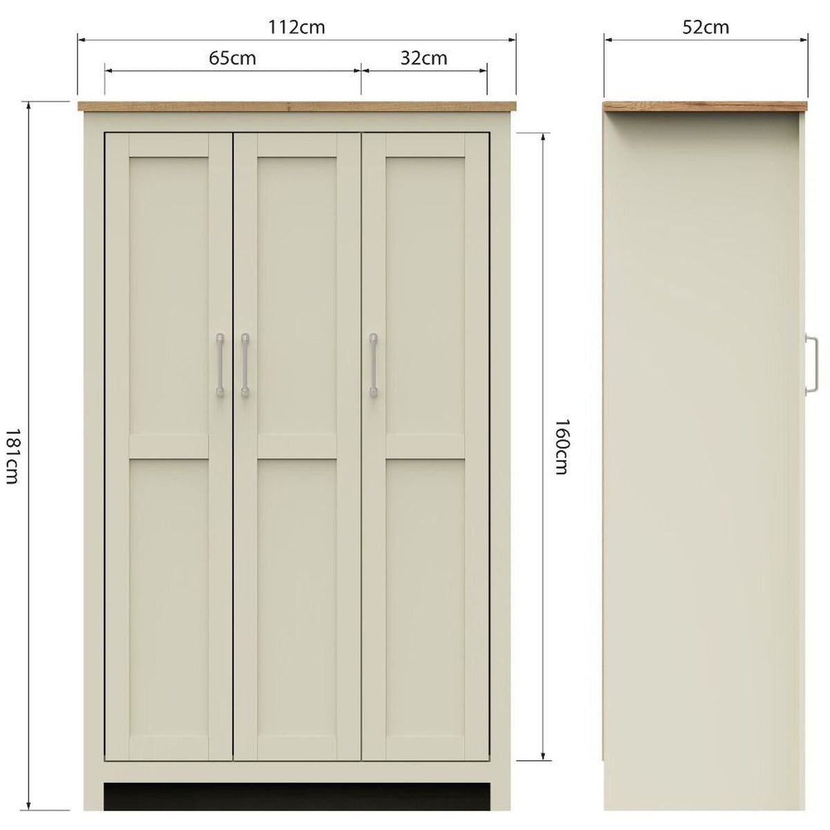 Cream 3 door wardrobe with oak-effect top, 112cm wide