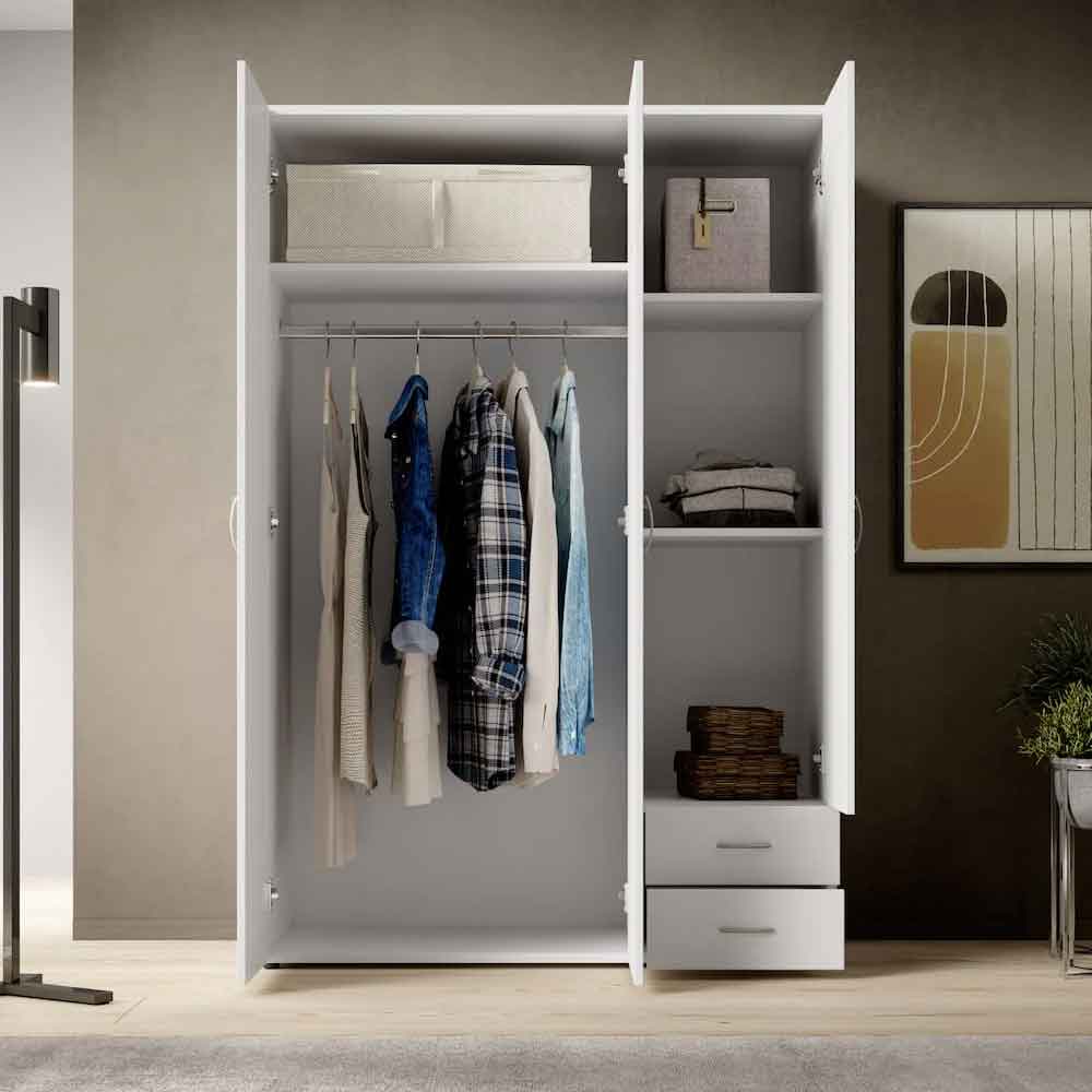 BINNSTAD white wooden wardrobe with 3 doors open showing hanging clothes, shelves and 2 drawers.