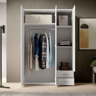 BINNSTAD white wooden wardrobe with 3 doors open showing hanging clothes, shelves and 2 drawers.