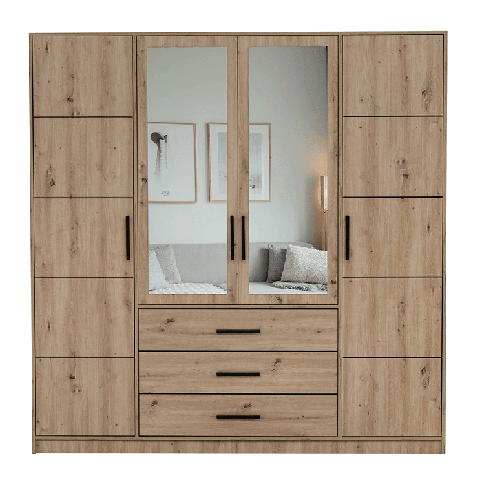 Medium oak 4 door wardrobe with mirrored doors and 3 drawers