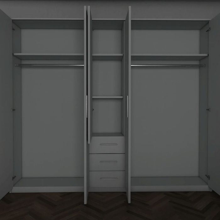VIANNA 5 Door Grey Wardrobe with 3 Drawers - internal view