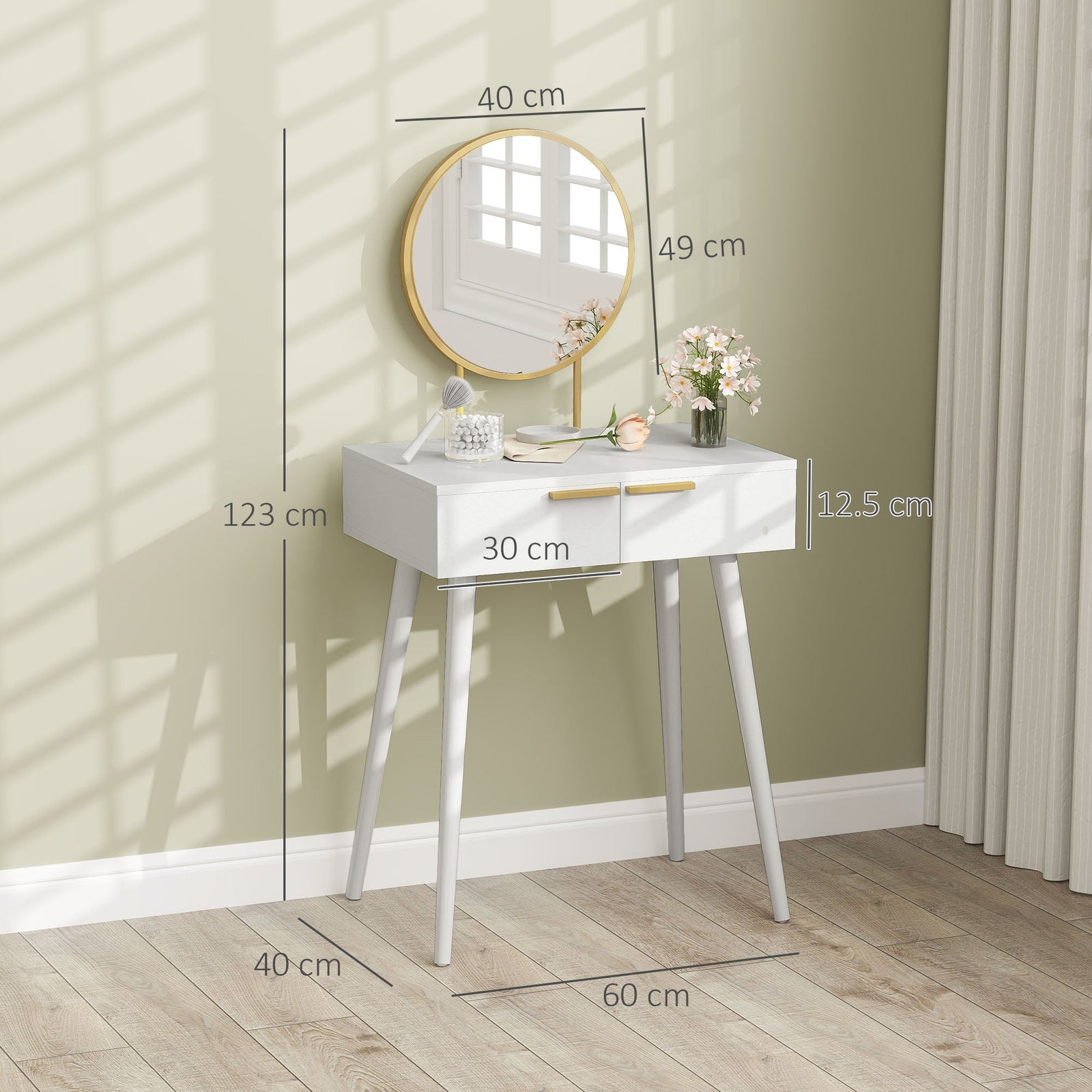 homcom elegant dressing table with round mirror 60 x 40 x 123 cm white