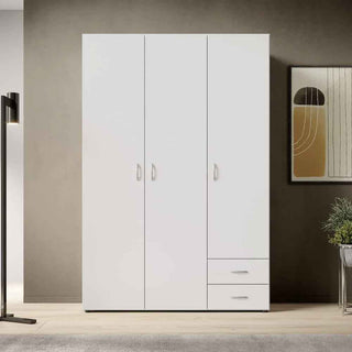 White 3 door wardrobe with 2 drawers, modern design with silver handles