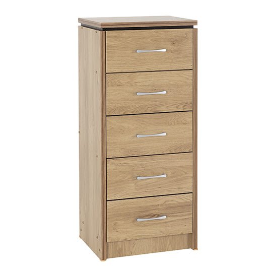 Crieff Narrow chest of 5 drawers in oak effect with silver handles.