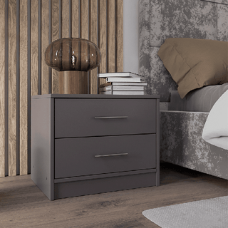 Grey 2 drawer bedside table with silver handles on wooden floor