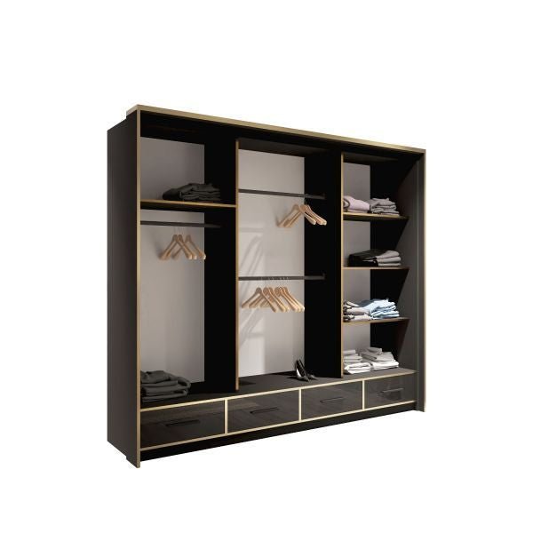 3-door black gloss sliding wardrobe with marble centre panel and gold trim