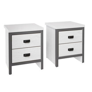 Two BELONA white bedside tables with grey frames and two drawers each with black handles.