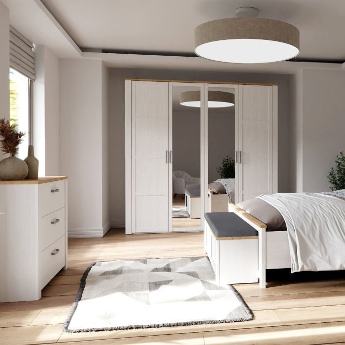 Buenos 4 door mirrored wardrobe in Riviera Oak and White