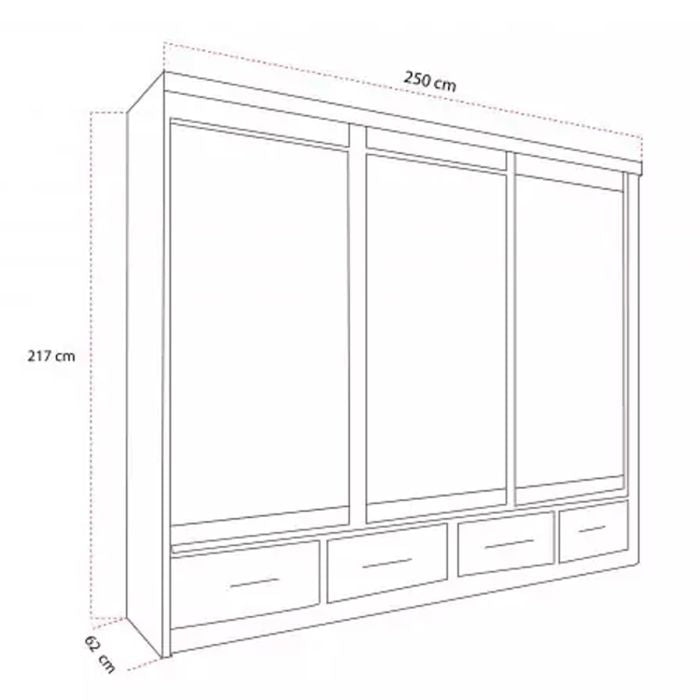 Line drawing of CHOICEWARDROBE NEWRY 3 Door Mirrored Sliding Wardrobe in grey finish, 250cm wide, 217cm high, 62cm deep with five drawers.
