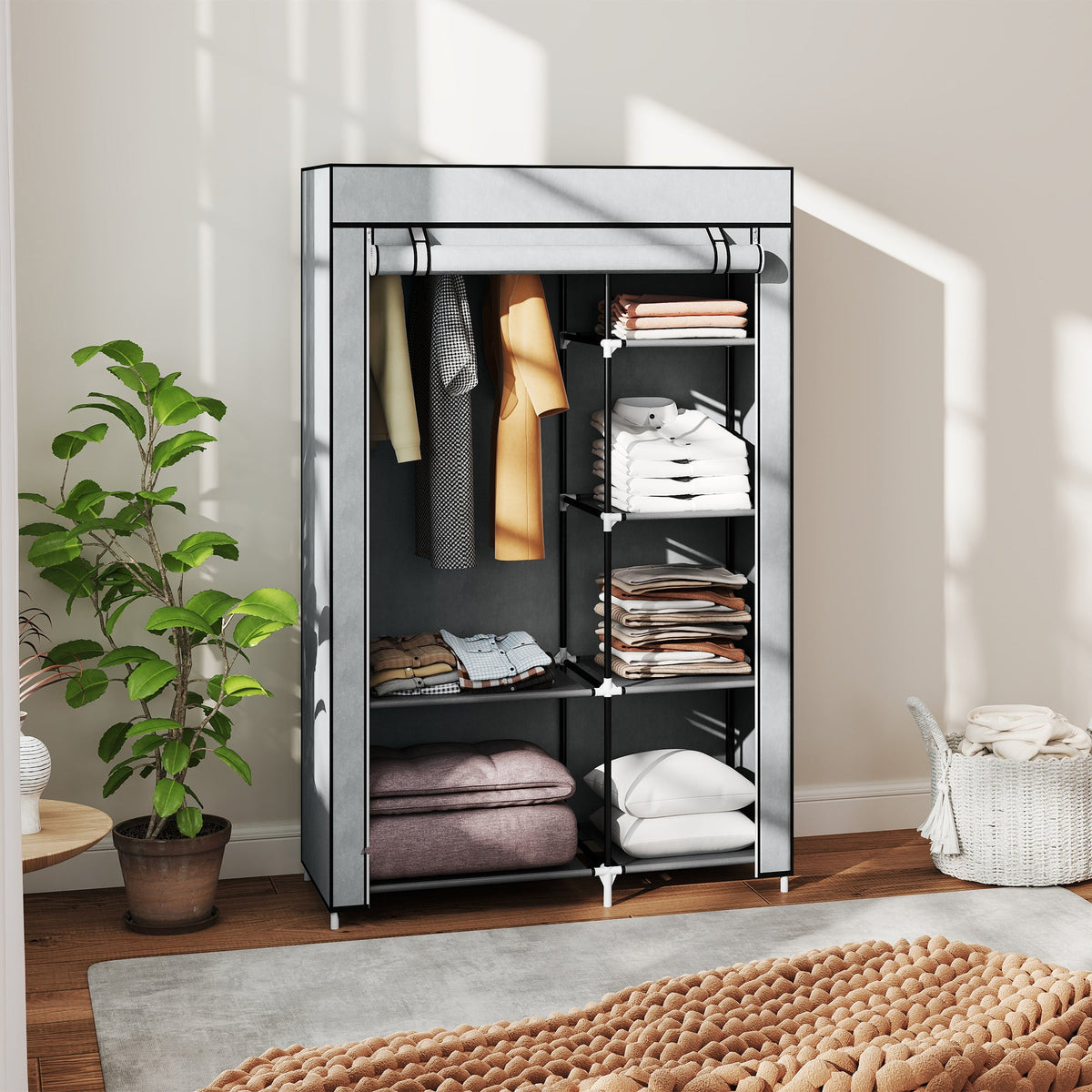 homcom fabric wardrobe portable wardrobe with 6 shelves 1 hanging rail foldable closets 103 x 43 x 162 5 cm light grey