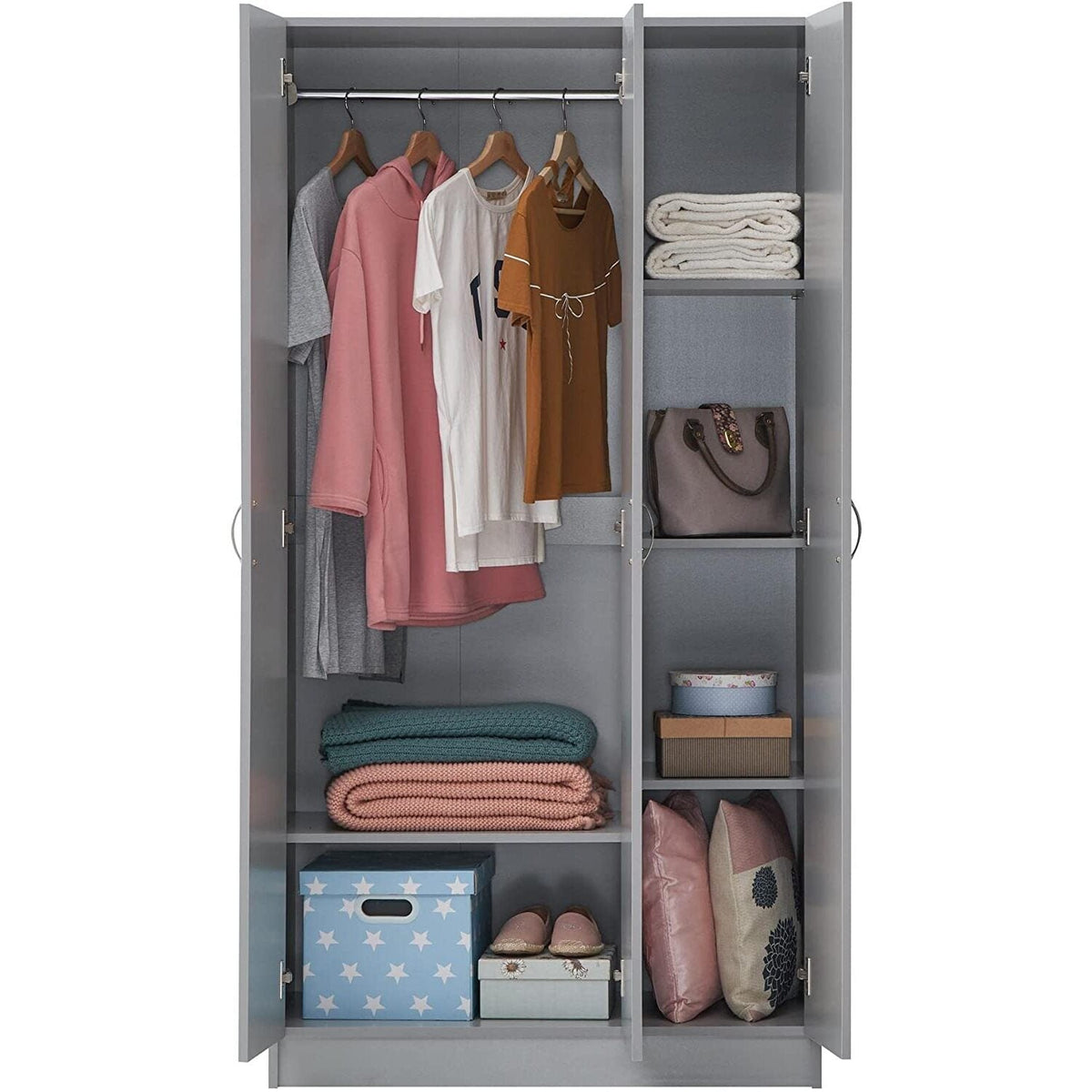 Open grey 3 door wardrobe showing hanging clothes, folded blankets, towels, and storage boxes.