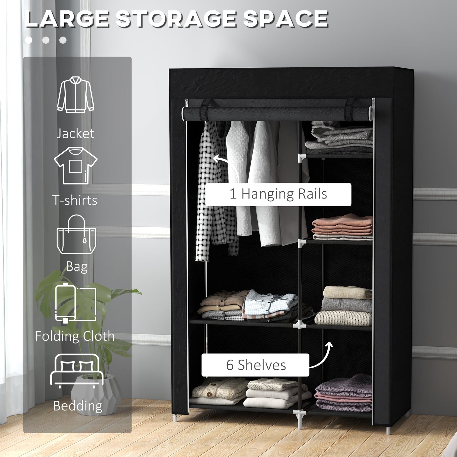 homcom fabric wardrobe portable wardrobe with 6 shelves 1 hanging rail foldable closets 103 x 43 x 162 5 cm black