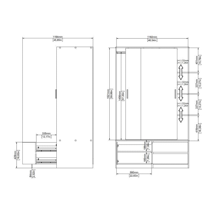 Lacoste 121.2cm 3-Door Sliding Wardrobe with 2 Drawers – Jackson Hickory Oak – product image 13