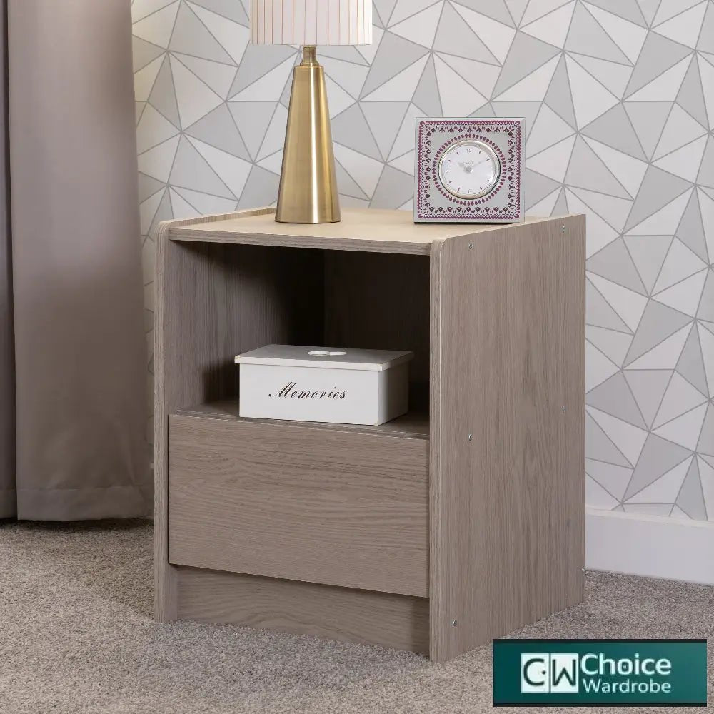 Smoked ash wooden bedside cabinet with 1 drawer and open shelf