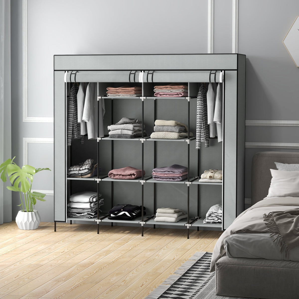 homcom fabric wardrobe for bedroom portable cloth wardrobe with 10 compartments 2 hanging rails and 4 fabric drawers 166 x 42 5 x 169 5cm dark grey