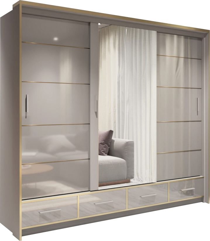 CHOICEWARDROBE Luxembourg 253cm grey gloss sliding wardrobe with mirrored centre door and three drawers.