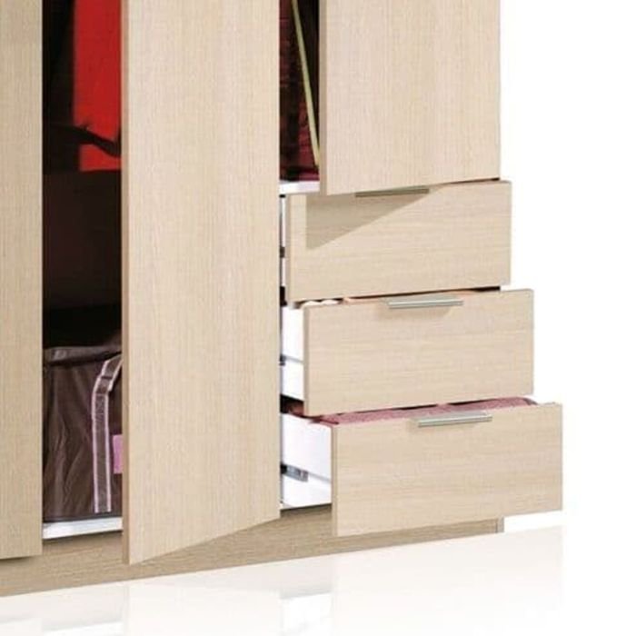 Oak effect 3 door wardrobe with visible drawers