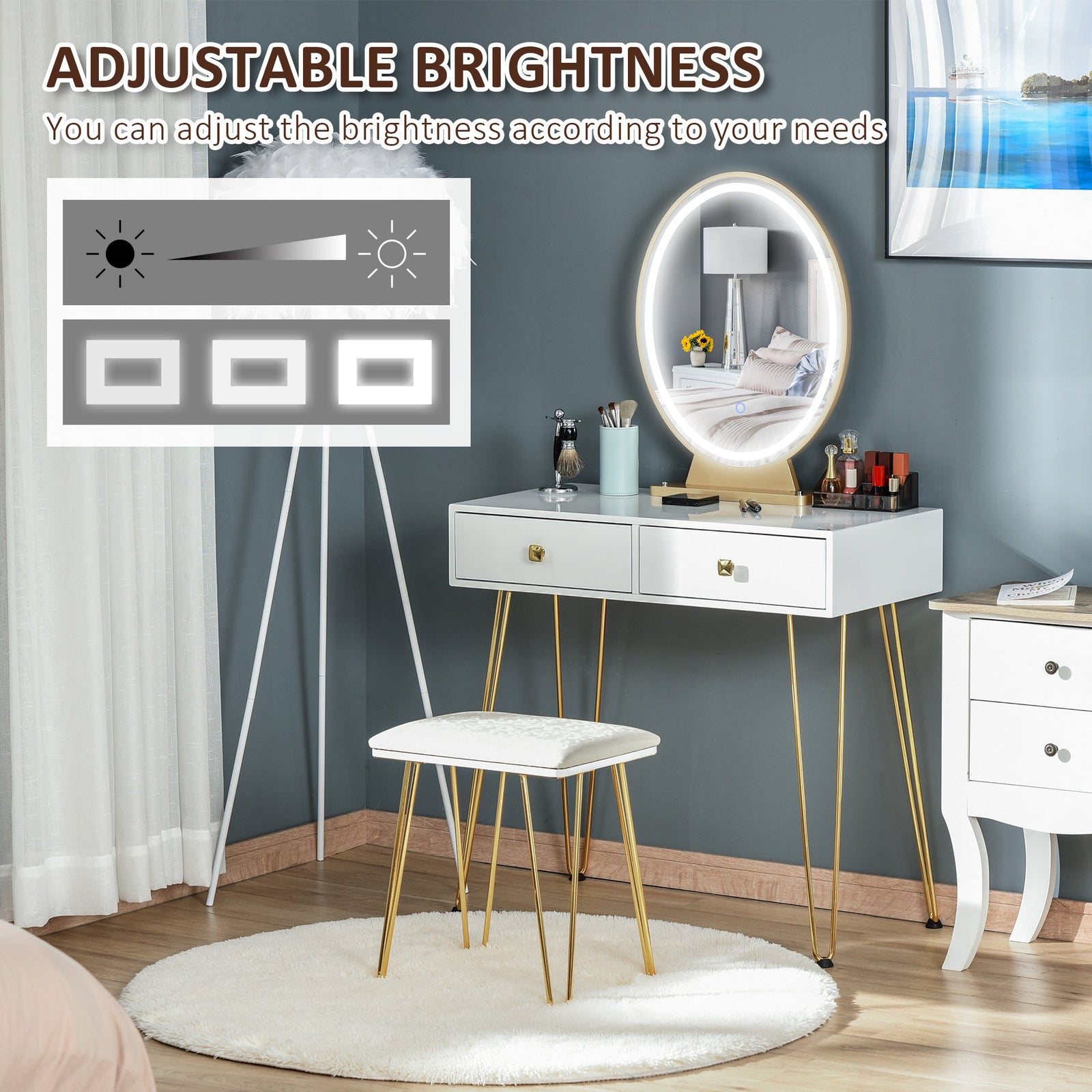 homcom dressing table with led mirror and cushioned stool vanity desk with acrylic lipstick holder and 2 drawers makeup table for bedroom white