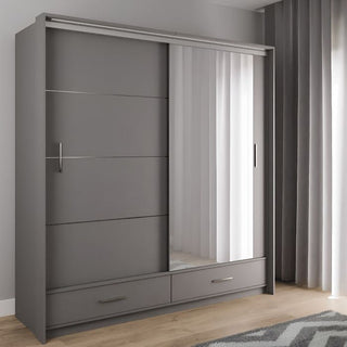 Graphite grey matt 2-door sliding wardrobe with mirrored door and two drawers.