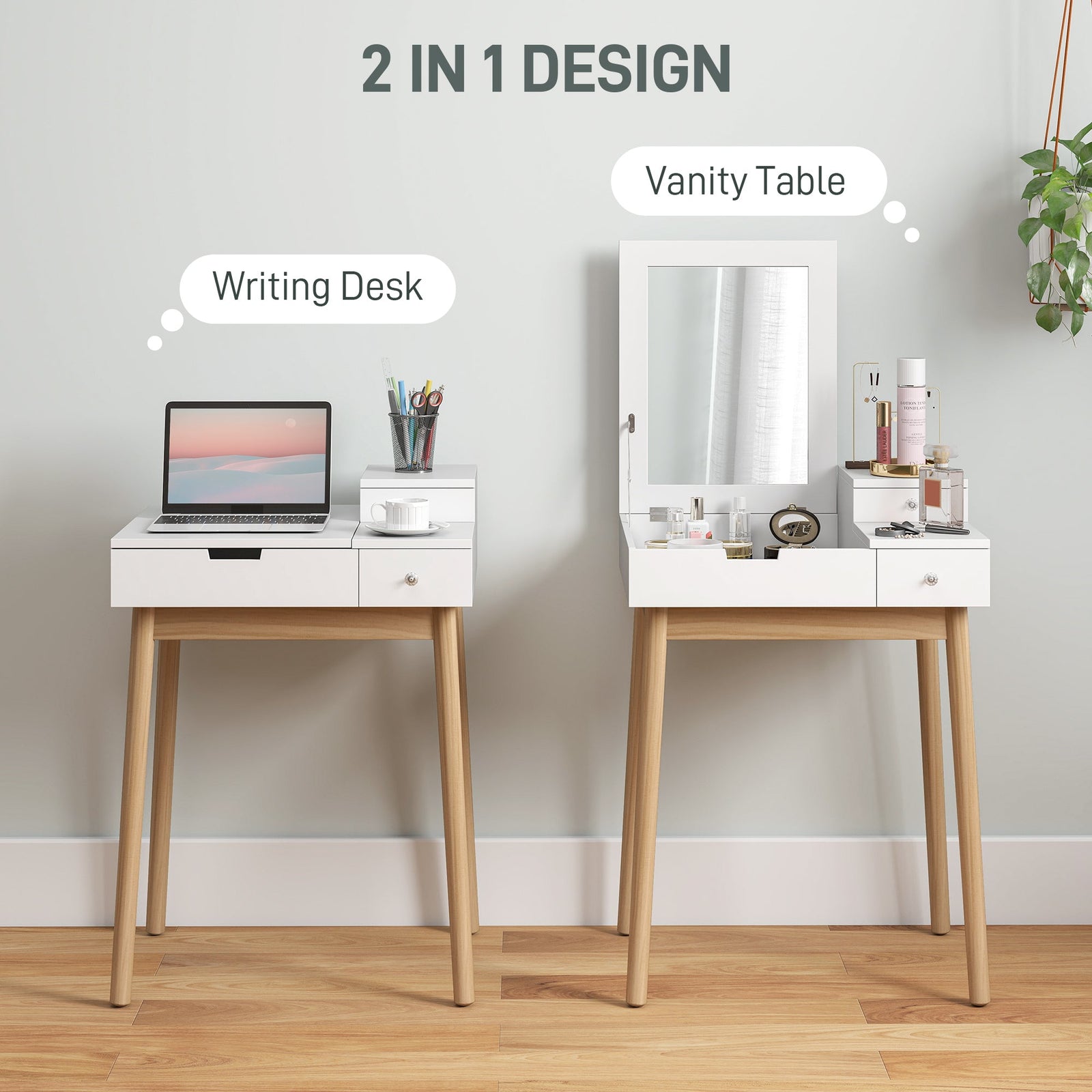 homcom dressing table with flip up mirror makeup desk with 2 drawers and pine wood legs vanity table writing desk for bedroom living room white