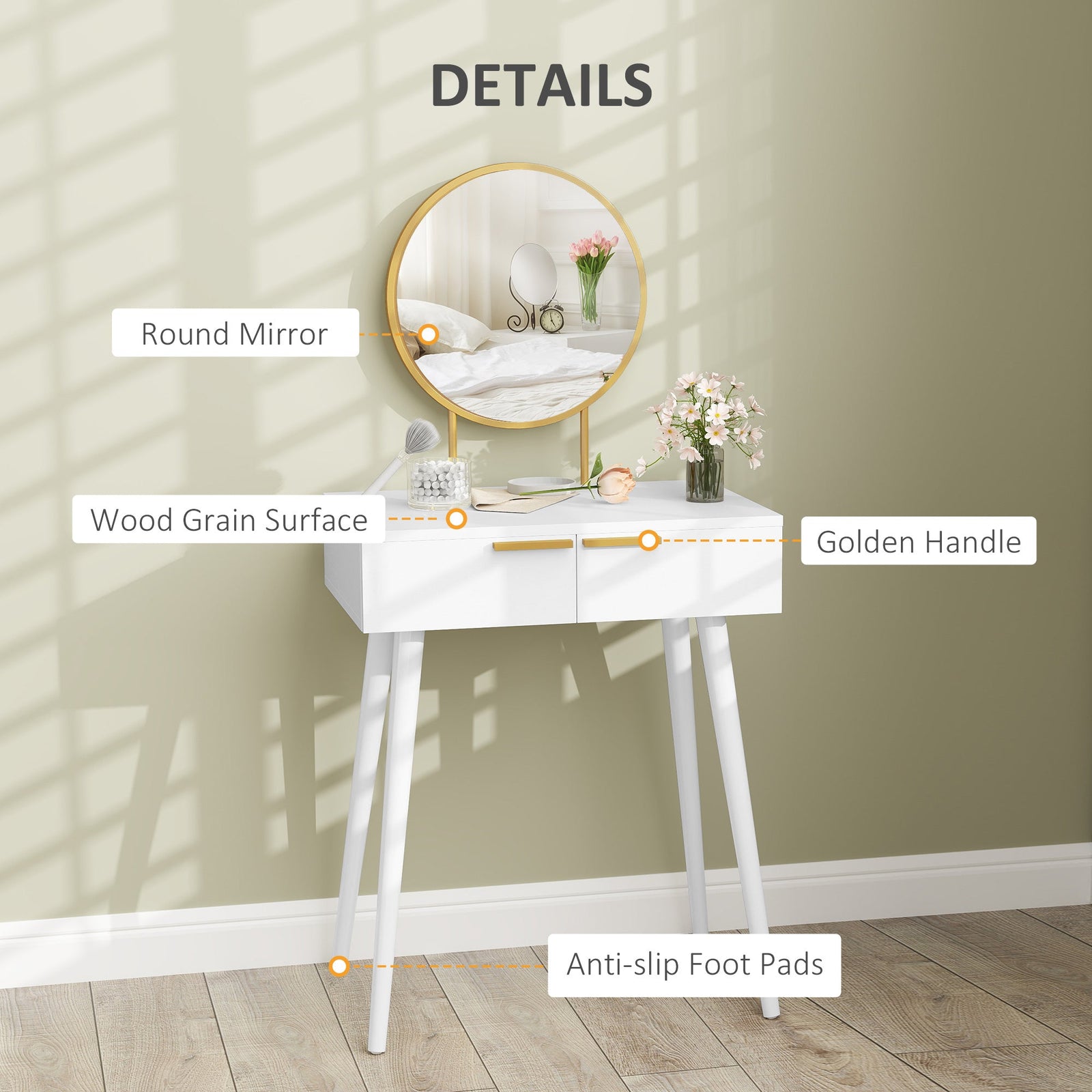 homcom elegant dressing table with round mirror 60 x 40 x 123 cm white