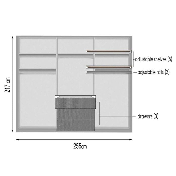 STAFFORD 255cm wide white wardrobe diagram showing 5 adjustable shelves, 3 adjustable rails, and 3 drawers.