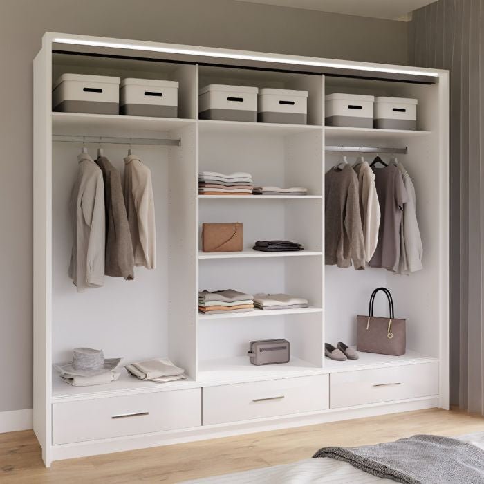 WARRINGTON 3-door white high gloss sliding wardrobe with shelves, drawers and hanging space.