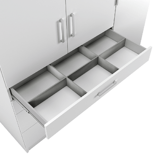 ELARIS 150cm 3-door white wardrobe with silver handles, open drawer showing partitioned top compartments.