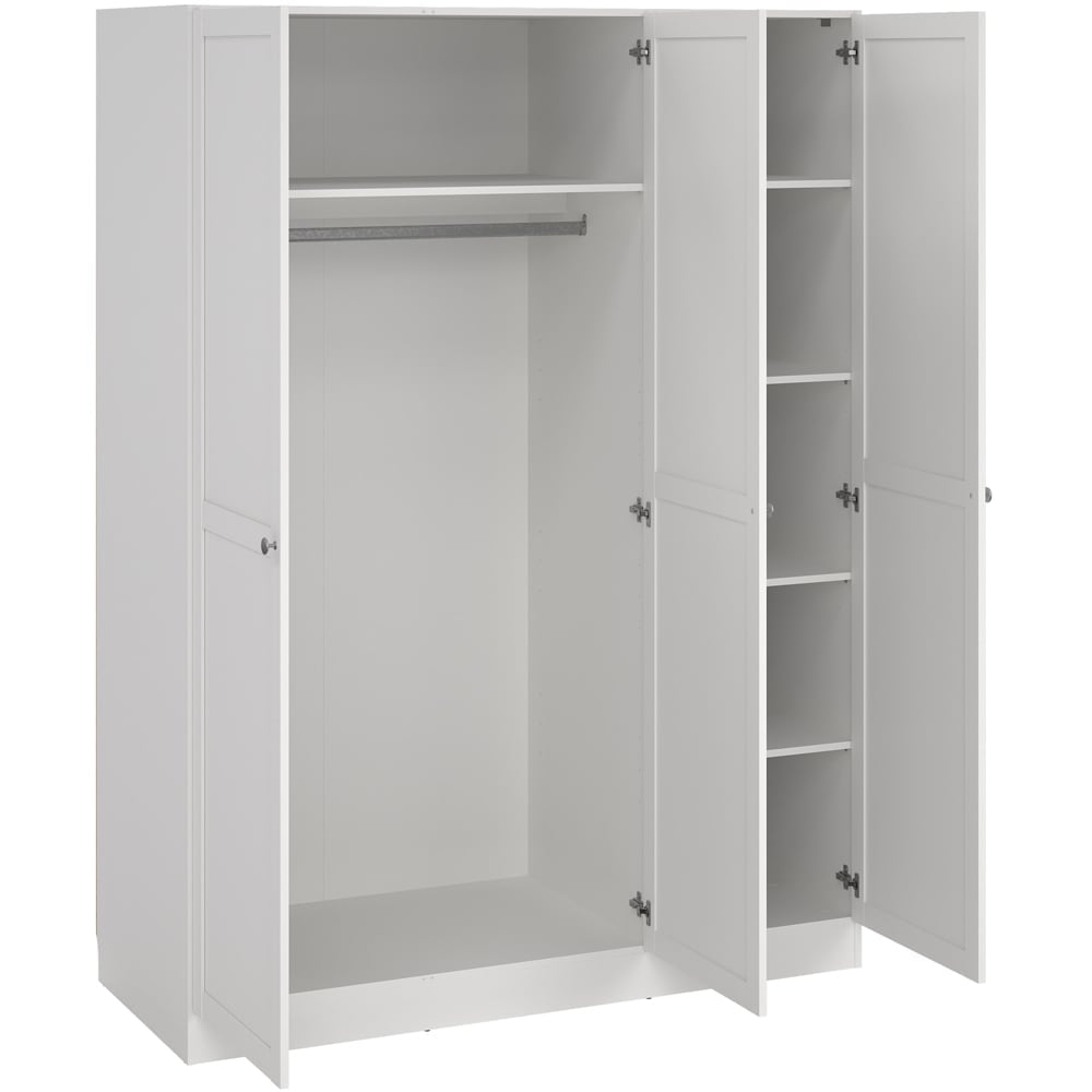 Florence Brande 3 Door White Wardrobe open, showing hanging rail and shelves.