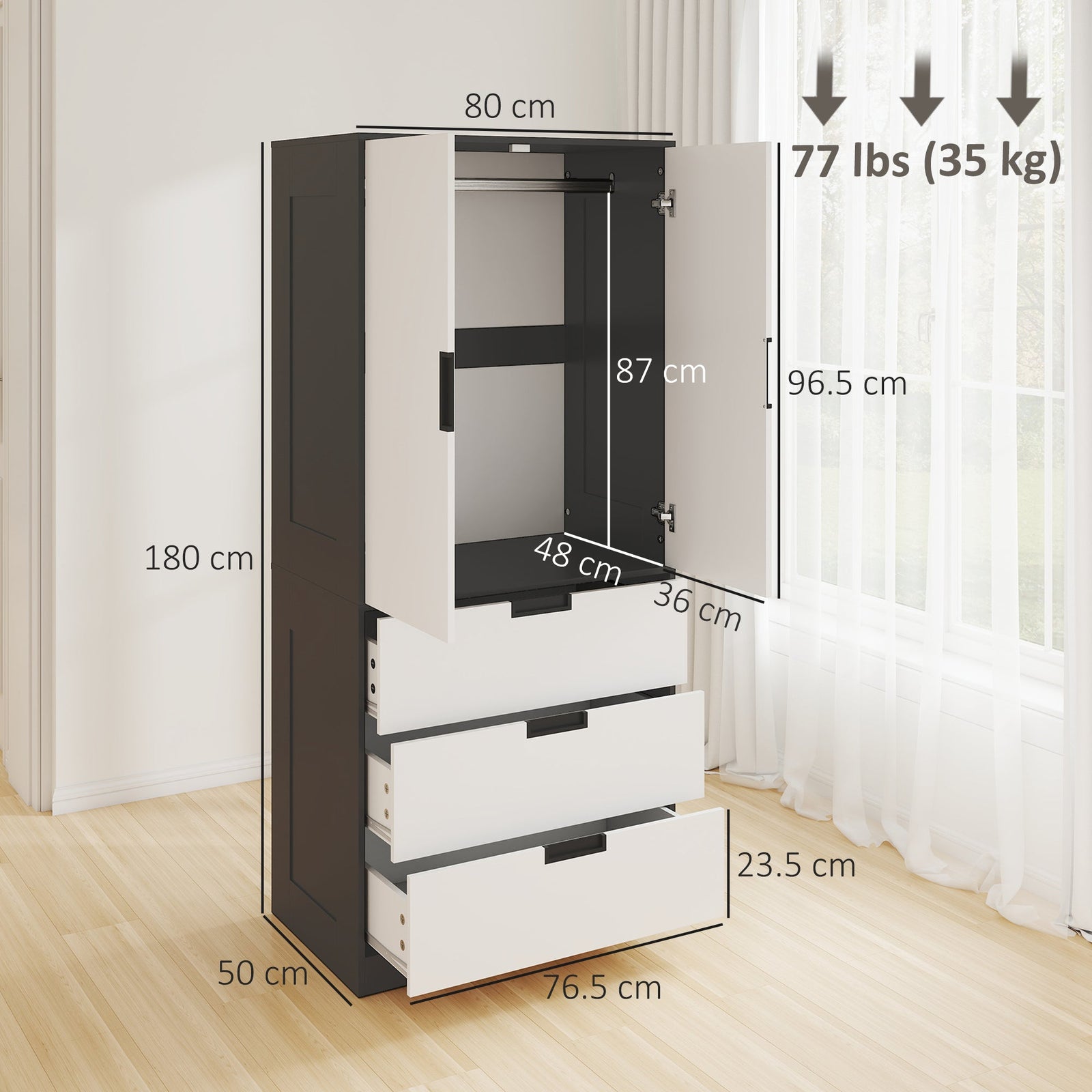 homcom 2 door wardrobe modern wardrobe with 3 drawers and hanging rod for bedroom black