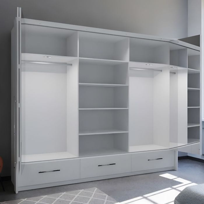 LINDSEY 4 door mirrored wardrobe in white with visible shelves, hanging rails and drawers.
