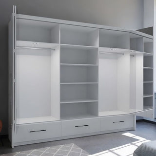 LINDSEY 4 door mirrored wardrobe in white with visible shelves, hanging rails and drawers.