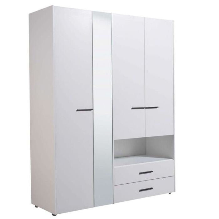 HIGHAM 4-door white wardrobe with central mirror and two drawers