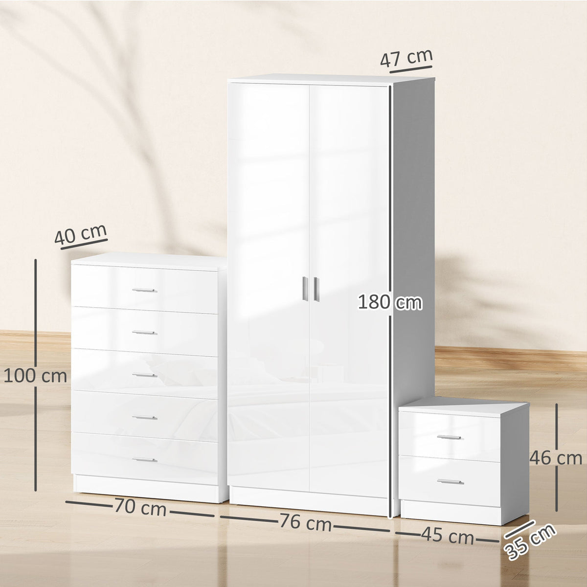 homcom high gloss 3 piece trio bedroom furniture set wardrobe chest of drawer bedside white