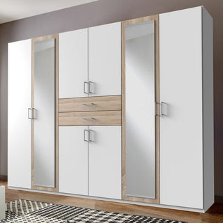 CHOICEWARDROBE DAKAR 6-door hinged wardrobe, white and oak finish with mirrored door panels.