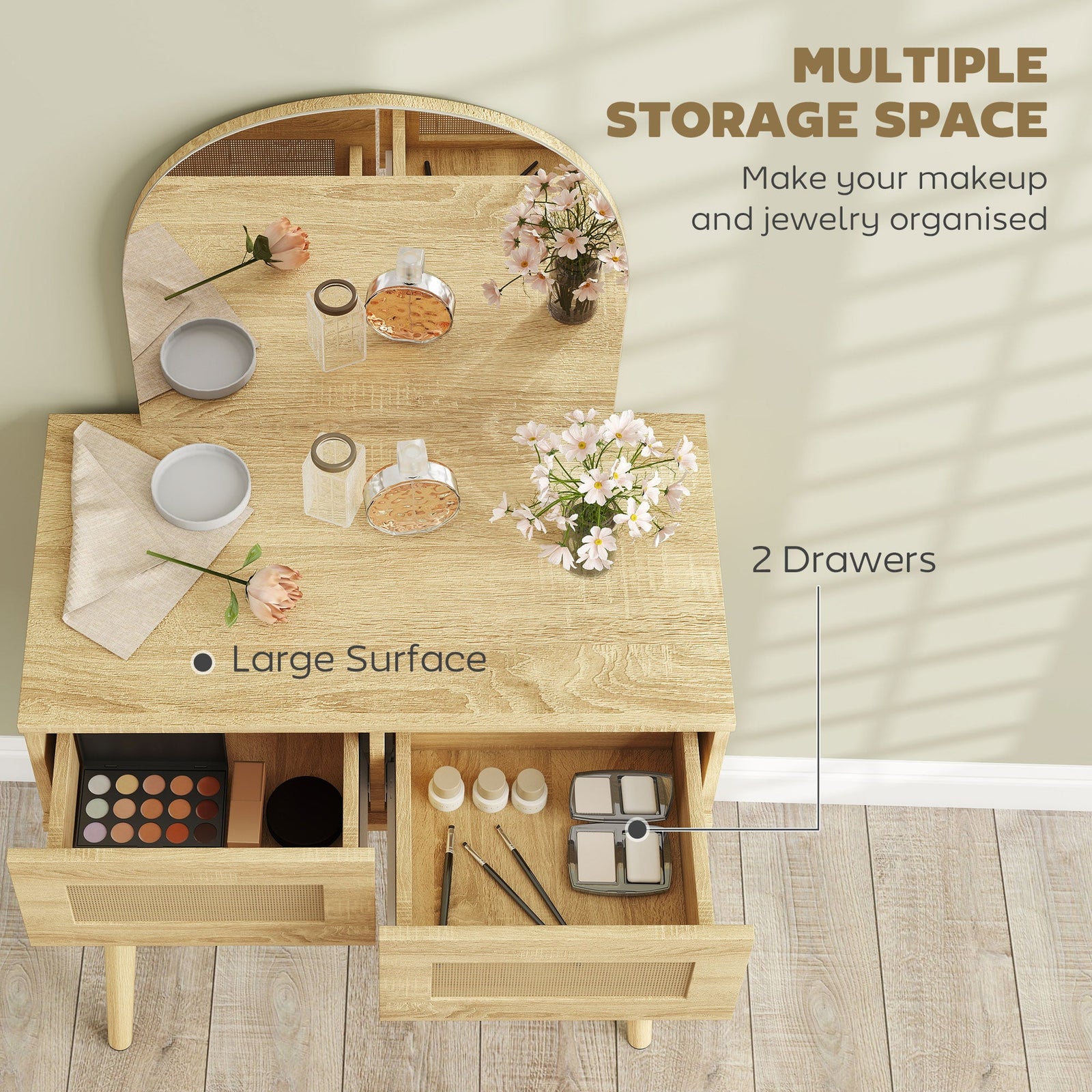 homcom dressing table compact vanity desk with mirror and 2 drawers natural wood finish