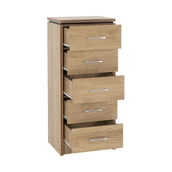 Crieff narrow oak effect chest of 5 drawers with slim silver handles.