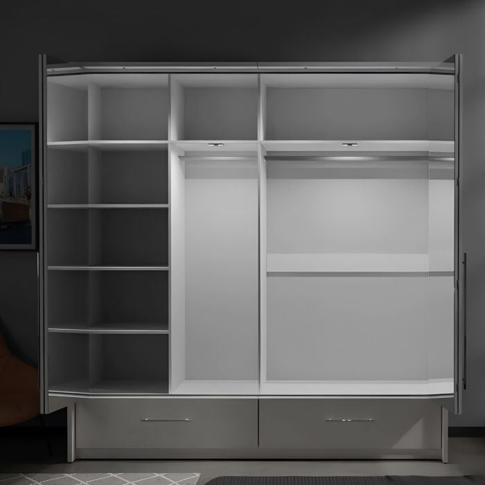 White 2-door wardrobe with shelves, hanging rails, and drawers