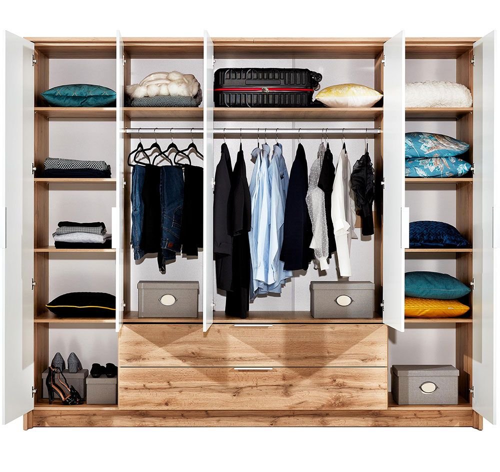 MARVELLO 5-door wardrobe, Oak Wotan and white, open with clothes, shelves, drawers, and storage